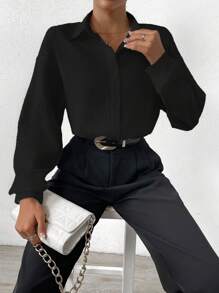 SHEIN Privé Solid Color Button Front Bodysuit - Black - View 5