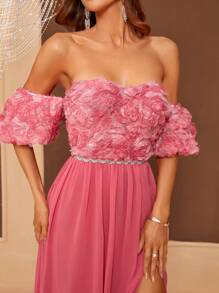 SHEIN Belle Vestido De Noche De Mujer Con Abertura Alta Y Hombros Descubiertos Con Estampado De Flores En 3d Y Diseño De Correa Trasera (resistente) - Rosa - Ver 5