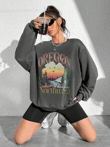 SHEIN EZwear 山和字母圖案落肩袖運動衫 - 深灰色 - 查看 6