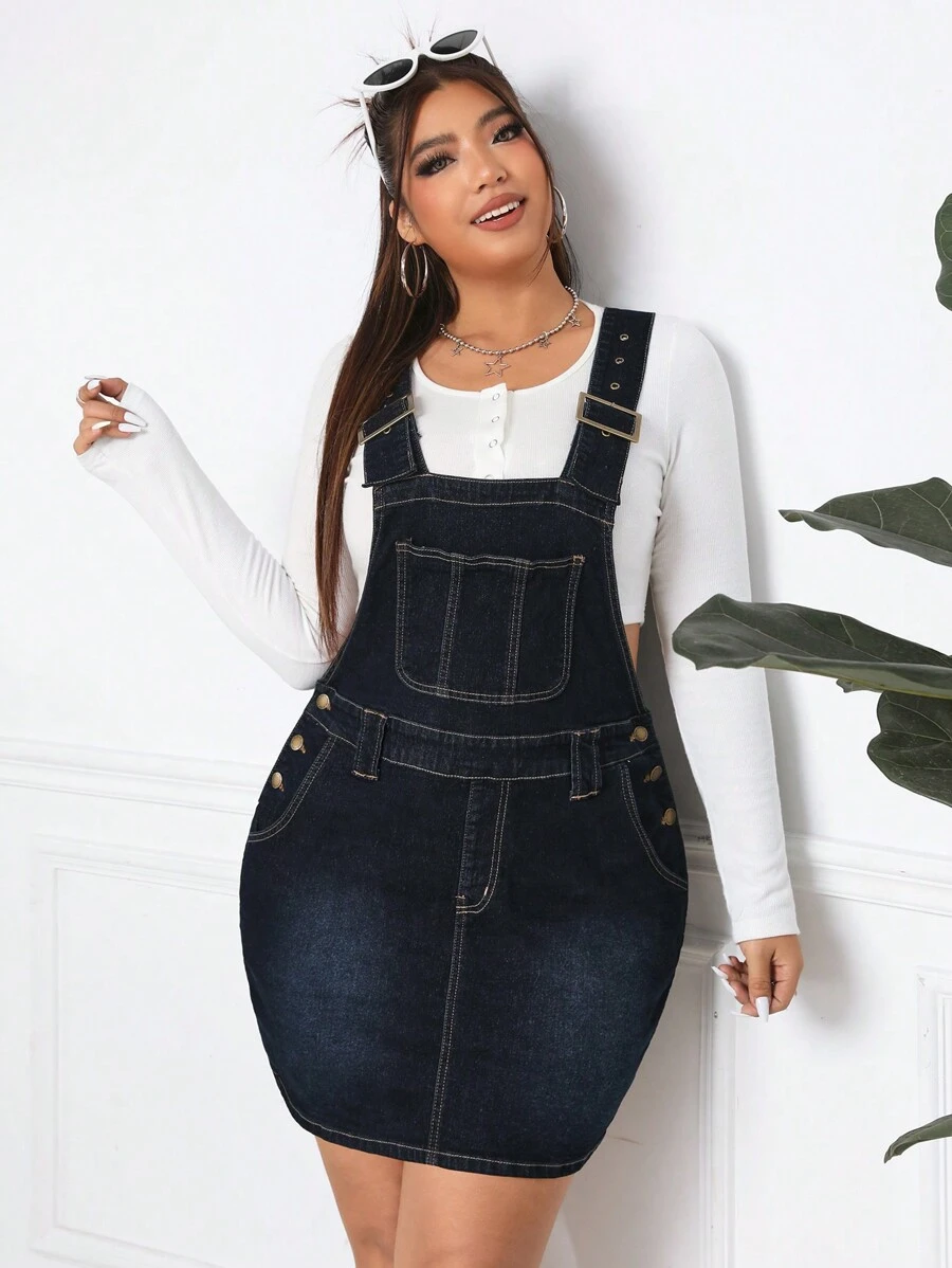 SHEIN EZwear Vestido Vaquero De Talla Grande Para Mujer Con Detalles De Bolsillo Y Botones - Azul - Ver 1