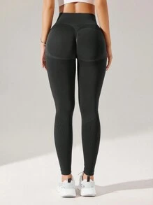 SHEIN Sports 純色運動打底褲 - 黑色 - 查看 5