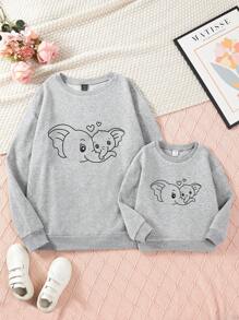SHEIN Girls' Cute Elephant Patterned Fleece Sweatshirt For Daily Wear In Fall And Winter, Also Available In Mommy And Me Matching Style (2 Pieces Are Sold Separately) - Grey - View 1