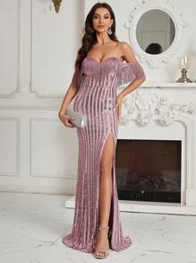 SHEIN Belle Off Shoulder Split Thigh Sequin Formal Dress - Pink - View 4