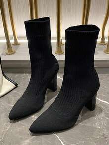 女性黑色針織長筒襪靴子,粗跟尖頭及膝美式短靴,有彈性減肥鞋適用於日常穿著和時尚 - 黑色 - 查看 2