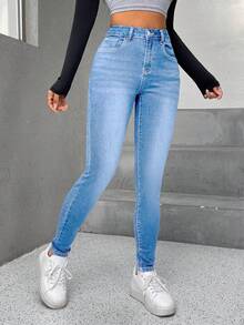 女士修身牛仔褲 - 淺色水洗藍 - 查看 4