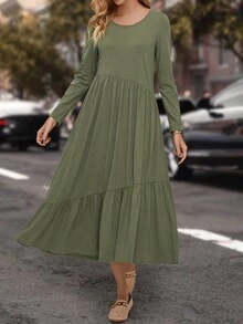 EMERY ROSE Vestido smock unicolor bajo con fruncido - Verde militar - Ver 4