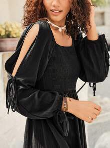 SHEIN VCAY Damski Rękaw z rozcięciem Marszczona sukienka - Czarne - Zobacz 8