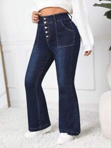 SHEIN EZwear Plus Size Denim Flared Jeans With Button Fly