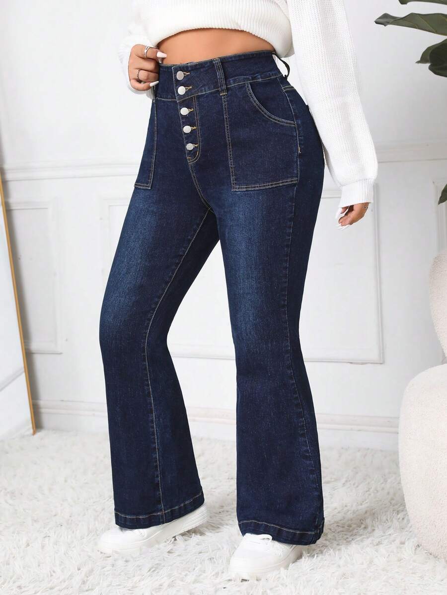 SHEIN EZwear Plus Size Denim Flared Jeans With Button Fly