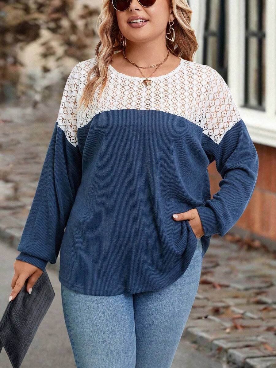 SHEIN LUNE 大碼蕾絲拼接落肩T恤 - 彩色 - 查看 1