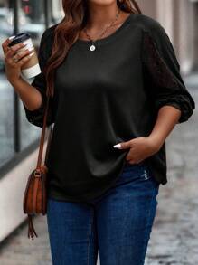EMERY ROSE Plus Contrast Lace Lantern Sleeve Tee Fall Cloth For Women - Black - View 1