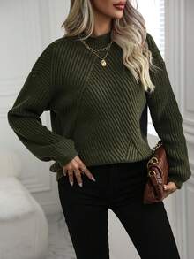 SHEIN LUNE Women'S Stand Collar Drop Shoulder Sweater - Army Green - View 6