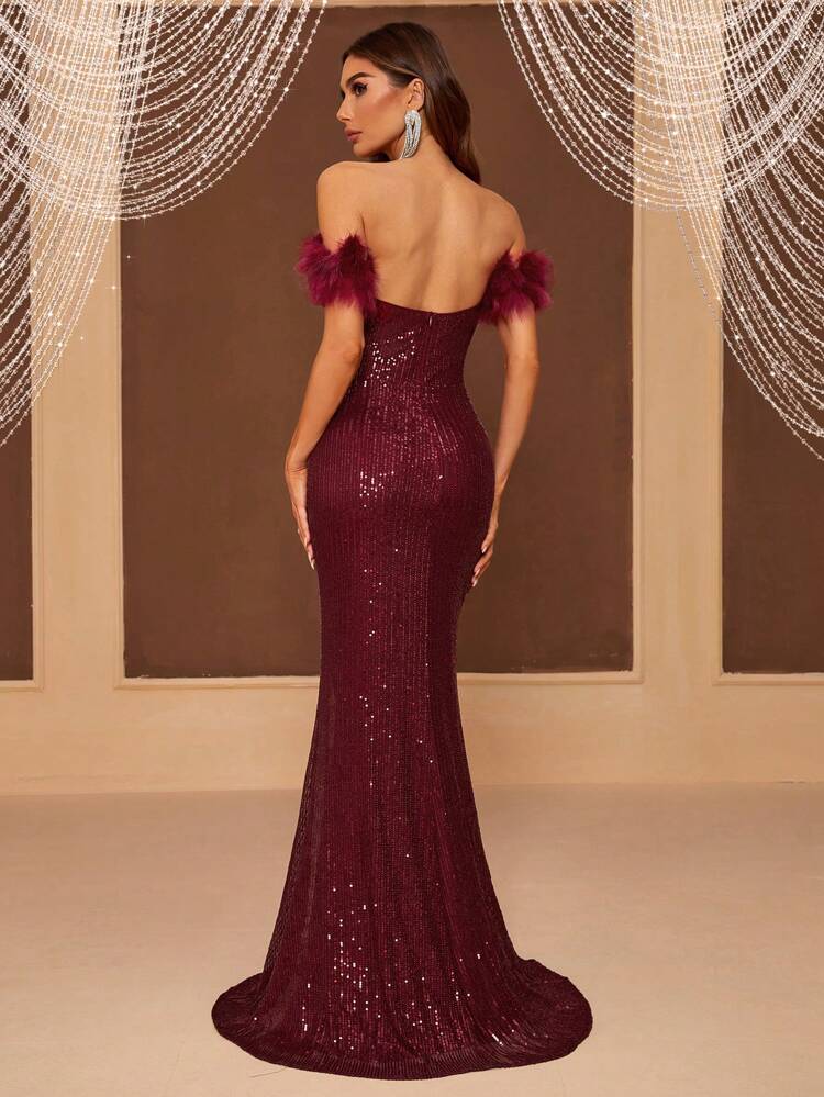 Off Shoulder Feather & Sequin Patchwork Women's Evening Party Dress