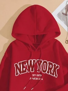 SHEIN EZwear 字母印花抽繩連帽衫和運動褲兩件套 - 紅色 - 查看 3