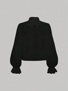 SHEIN MOD tay áo lá sen Viền Ruffle Áo sơ mi - màu đen - Xem 2