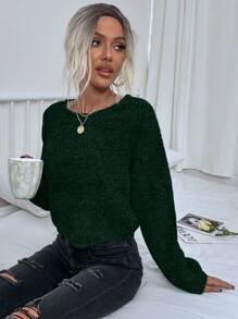 SHEIN Frenchy 休閒純色肋編針織毛衣 - 墨綠色 - 查看 6