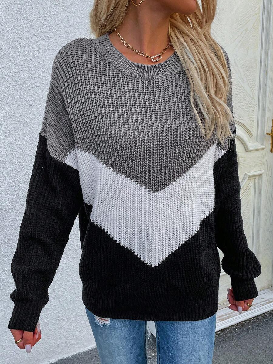 SHEIN Frenchy Của phụ nữ Thả vai Khối màu Cổ thuyền Áo len - Xám - Xem 1