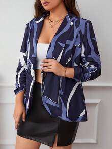 SHEIN LUNE Plus Graphic Print Shawl Collar Blazer - Navy Blue - View 3