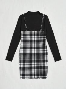 青少年女孩格紋印花假兩件洋裝