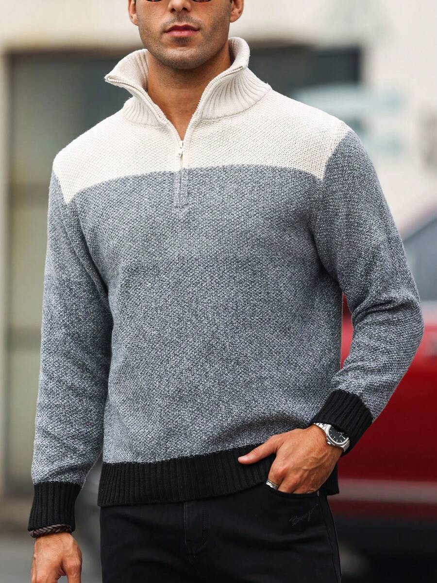 Manfinity Homme 男士半拉鍊衛衣,顏色拼塊設計 - 黑色 - 查看 1