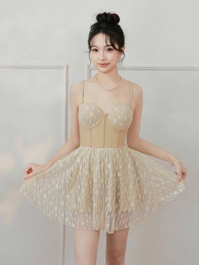 DAZY Cami Lace Spliced One-Piece Swimsuit With Backless Tie Summer,Beach Women Outfits Luxury