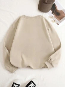 SHEIN Essnce 卡通圖案落肩袖加絨內裏運動衫 - 杏色 - 查看 2