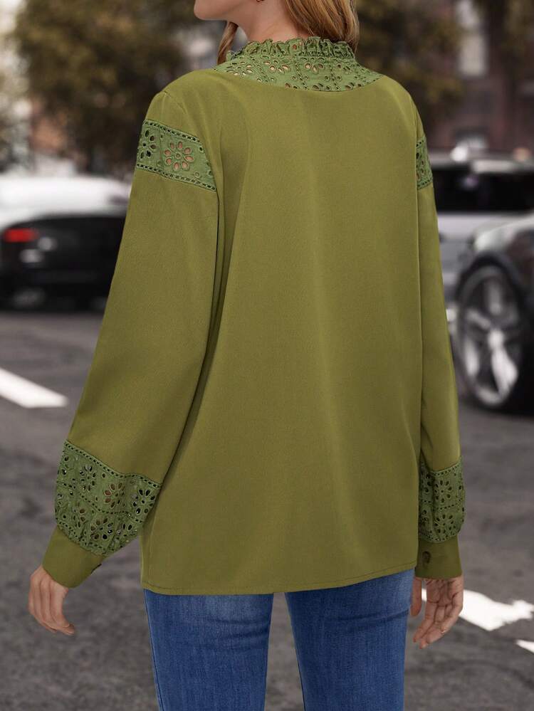 Contrast Schiffy Notched Neckline Lantern Sleeve Blouse