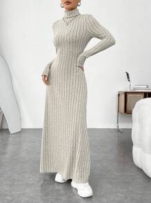 SHEIN EZwear 卡其色拉绒面料高领罗纹针织长款连衣裙 - 米色 - 查看 5