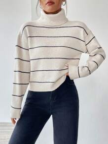 SHEIN Unity Mẫu sọc Áo cao cổ Thả vai Áo len - Xám - Xem 1