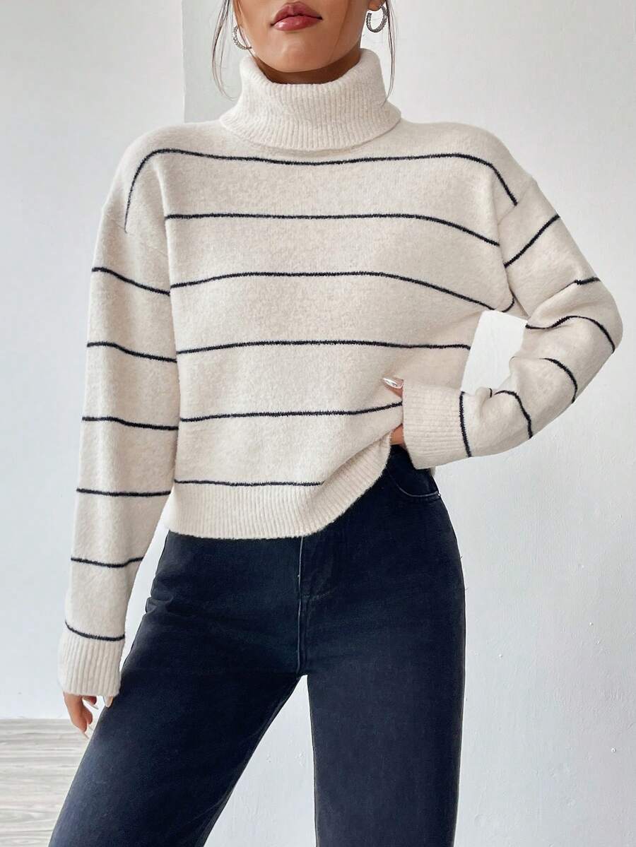 SHEIN Unity Mẫu sọc Áo cao cổ Thả vai Áo len - Xám - Xem 1