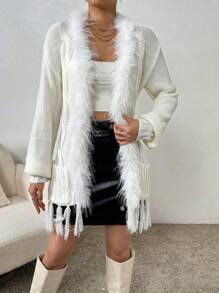 SHEIN Privé Tassel Trim Plush Edge Front Open Cardigan Sweater - Apricot - View 6