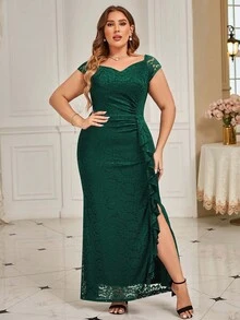 MIUSOL Elegant Plus Size Dark Green Lace Maxi Dress, Sweetheart Neckline, Cap Sleeves, Draped Side Split Thigh Mermaid Hem For Formal Wedding Guest, Prom, Evening Party, Graduation, Dinner - Màu xanh lá cây đậm - Xem 3