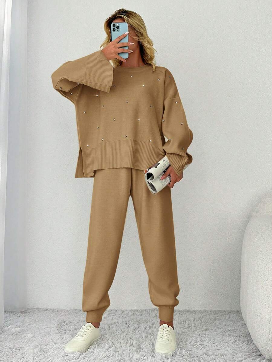 EURMUSE Two-piece Loose Sweater Set With Split Sleeves And Net-like Rhinestone Detailing - Coffee Brown - View 1
