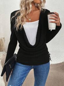 SHEIN LUNE Draped Collar Drawstring Side 2 In 1 Tee - Black - View 1