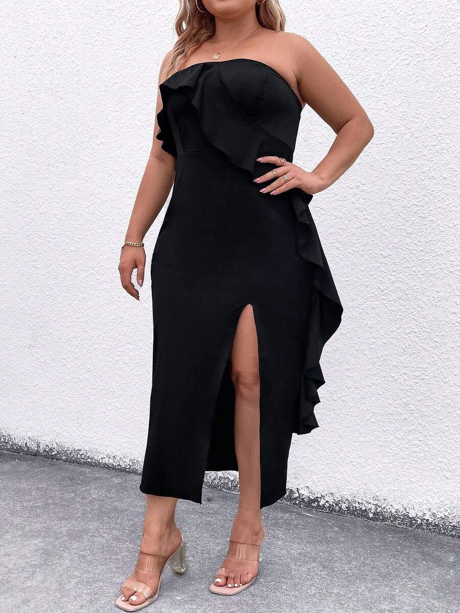 SHEIN Clasi Plus Ruffle Trim Split Thigh Tube Dress - Black - View 1