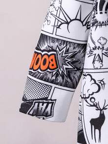 SHEIN Young Boy Comics Print Lapel Neck Overcoat Without Sweater - Black and White - View 5