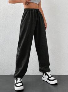 RueChic Pantalón de chándal con cordón a la cintura - Negro - Ver 5