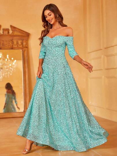 One-Shoulder, Mid-Sleeve Sequin Prom Party Dress
