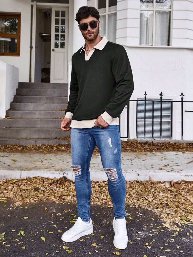 Men's Plus Size Colorblock Polo Shirt With Turn-down Collar