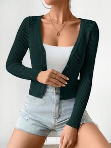 SHEIN Frenchy Ribbed Knit Button Front Cardigan - Dark Green - View 5