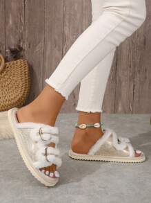 女性家居拖鞋腰帶扣女性長毛絨室內家庭鞋 - 金色 - 查看 4