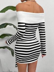 SHEIN Essnce 女士條紋露肩上衣和前扣裙套裝 - 黑與白 - 查看 4