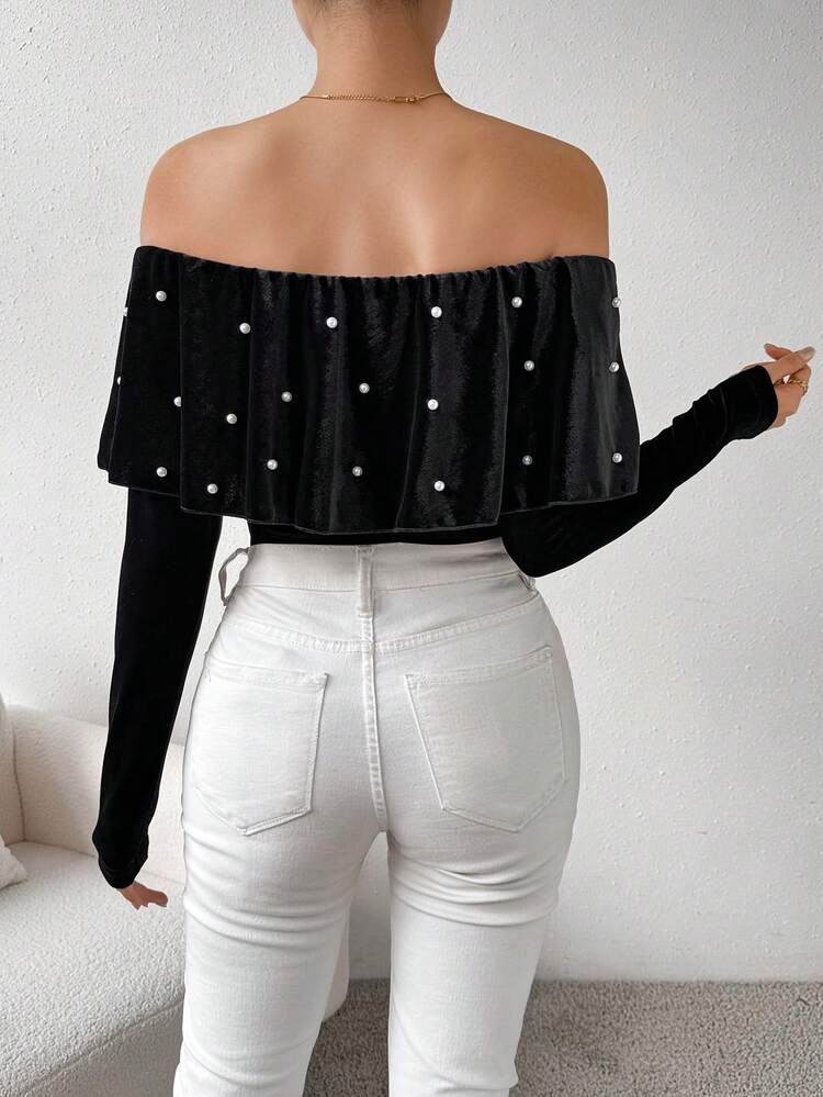 Women's Off Shoulder Embellished Bodysuit With Ruffle Hem