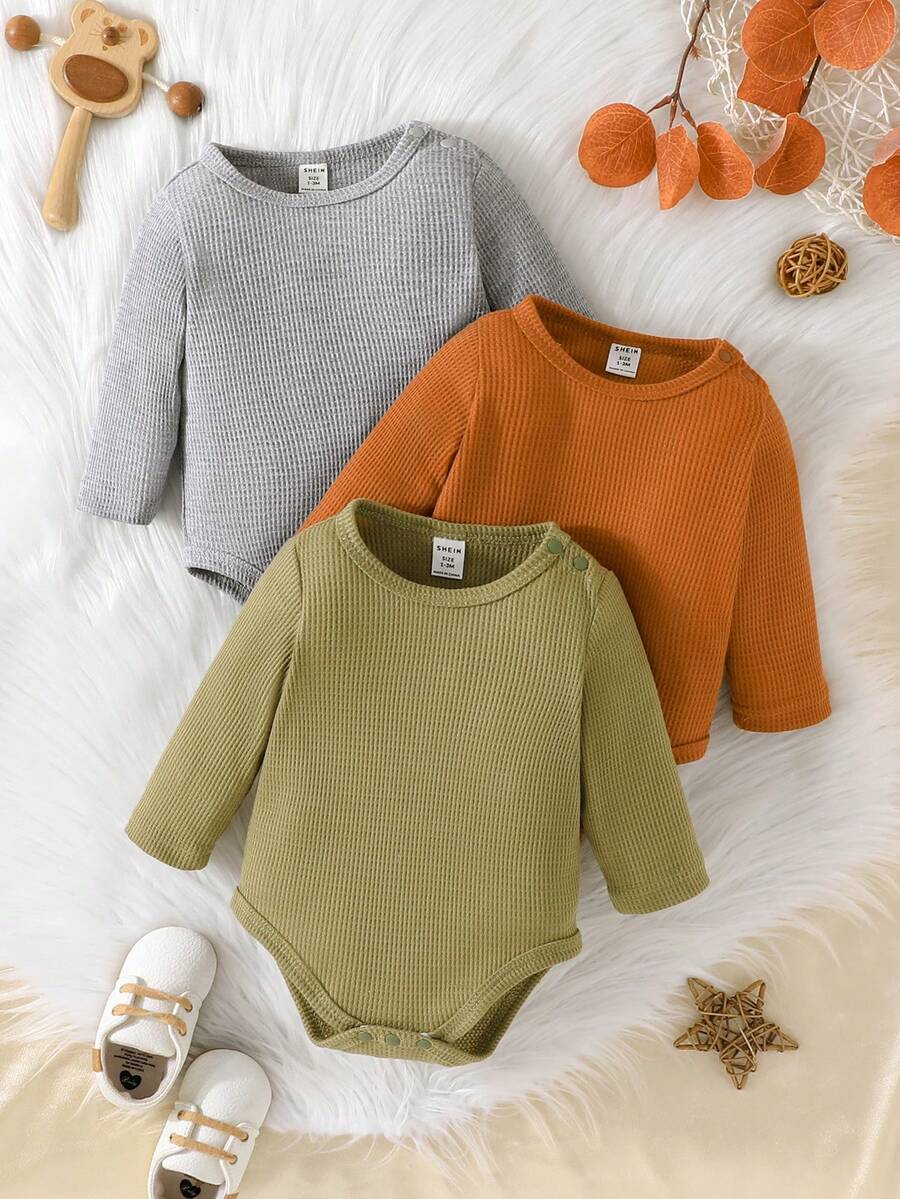 SHEIN Đứa bé trai 3pcs Chất rắn Đồ đan Ribbed Áo liền quần chặt - Nhiều màu - Xem 1