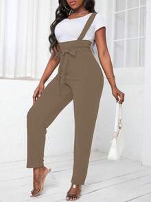 SHEIN Slayr Màu thuần Bowknot Hình nón Quần yếm - Màu Khaki - Xem 5