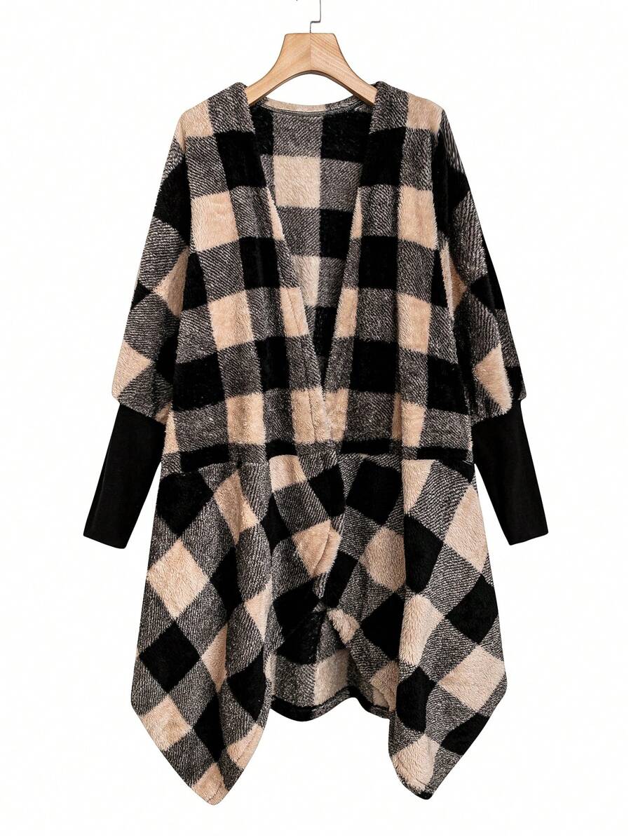 SHEIN LUNE Plus Buffalo Plaid Print Open Front Coat - Multicolor - View 1