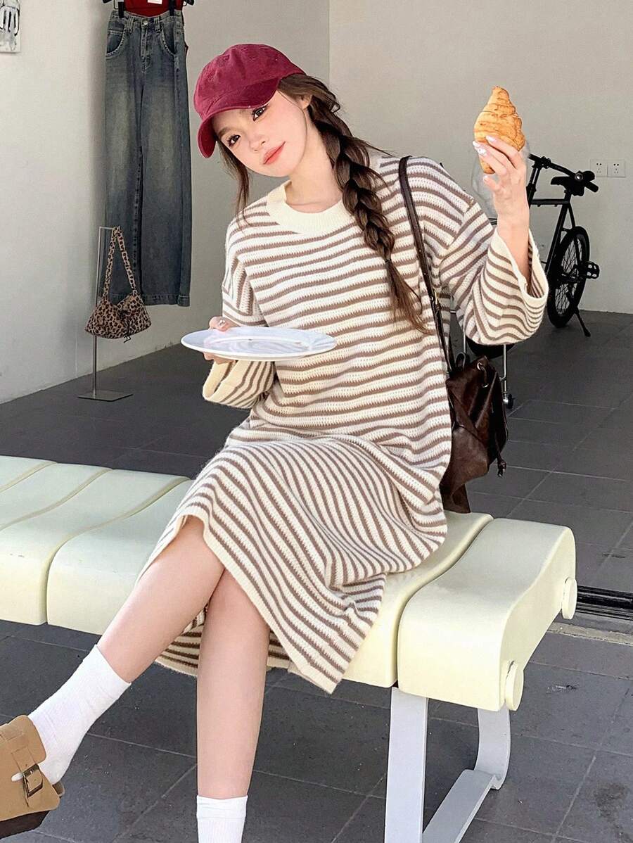 DAZY 條紋下垂肩毛衣裙 - 棕色 - 查看 1