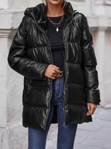 EURMUSE 拉鏈開襟連帽麵包服 - 黑色 - 查看 1