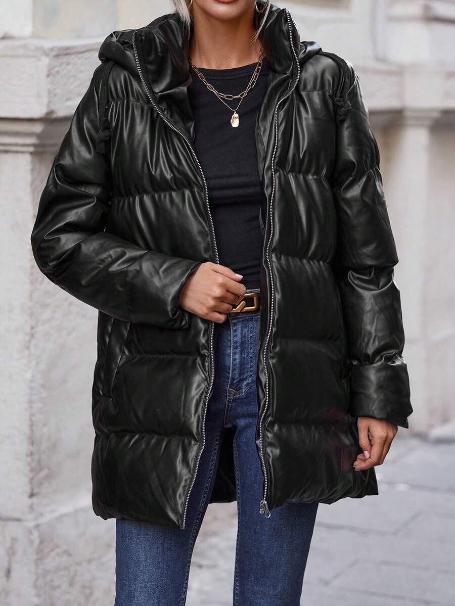 EURMUSE 拉鏈開襟連帽麵包服 - 黑色 - 查看 1