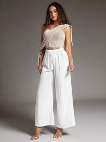 SHEIN BAE 女用褶襉闊腿褲 - 白色 - 查看 5